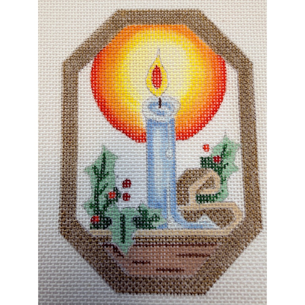 Christmas Candle Holly Berries Hand Painted Needlepoint Canvas Holiday Vintage